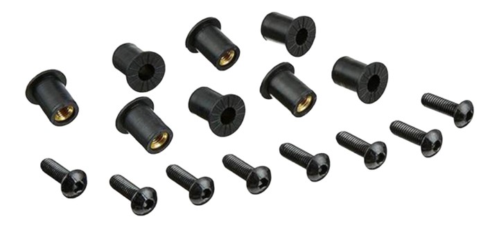 Lot de 6 vis alu M5 + inserts caoutchouc + rondelles- kit fixation pour bulle ou carénage