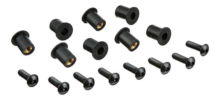 Lot de 6 vis alu M5 + inserts caoutchouc + rondelles- kit fixation pour bulle ou carénage