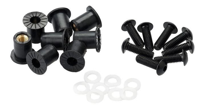 Lot de 6 vis alu M5 + inserts caoutchouc + rondelles- kit fixation pour bulle ou carénage