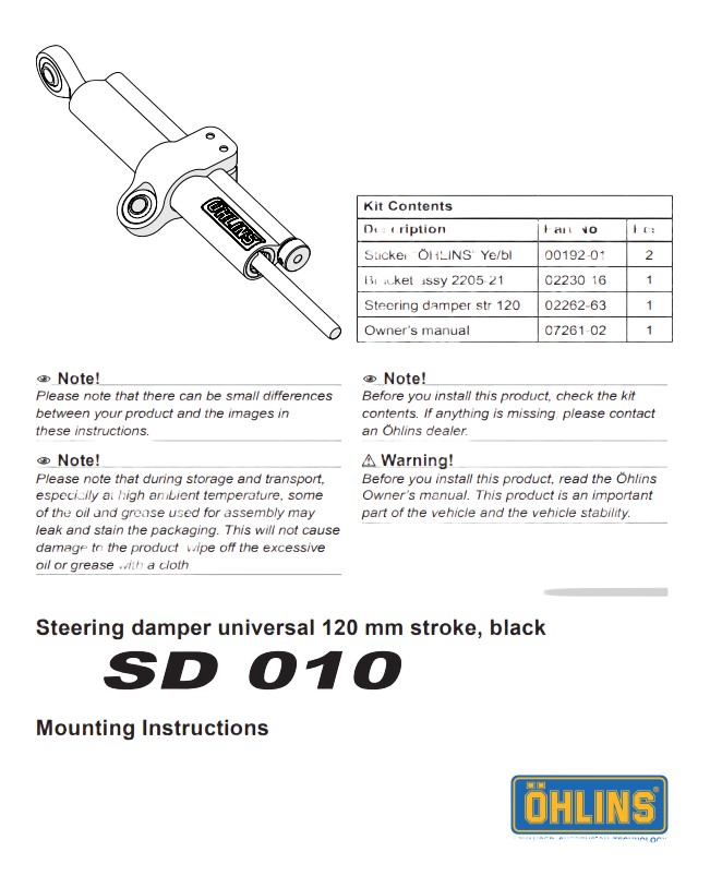 Amortisseur de direction Ohlins 120mm Black Edition (SD010)