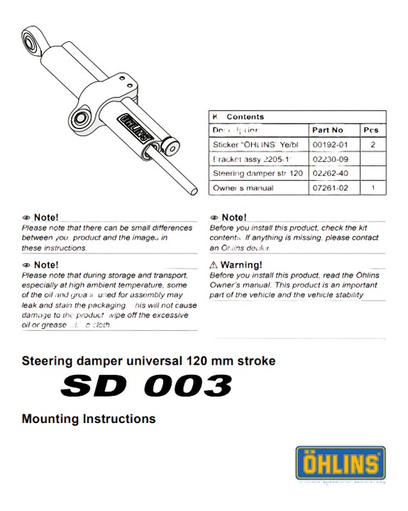 Amortisseur de direction Ohlins 120mm (SD003)