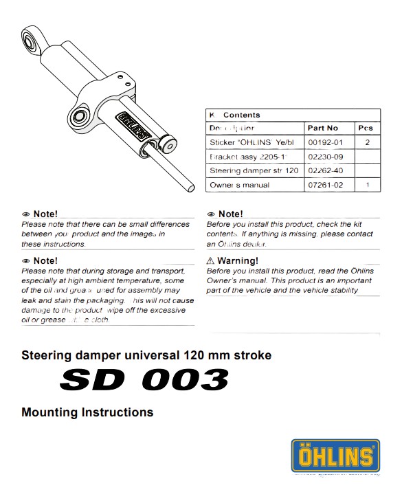 Amortisseur de direction Ohlins 120mm (SD003)